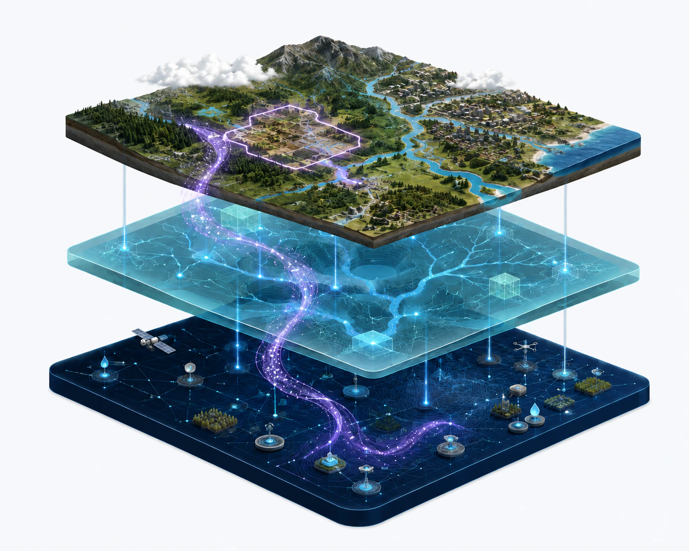 Layered True Elements Water Intelligence system connecting real-world terrain, water relationships, and an underlying data foundation.