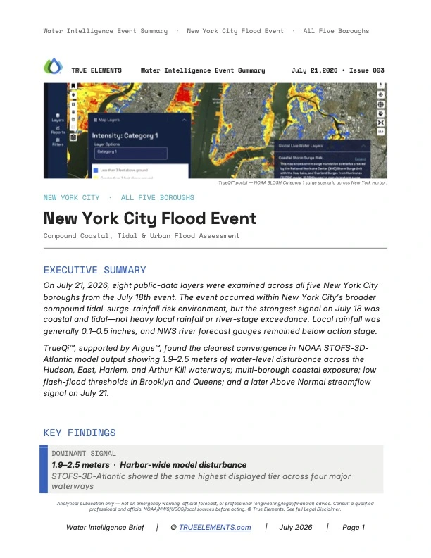 Water Intelligence Brief Issue 003, New York City Flood Event, All Five Boroughs.