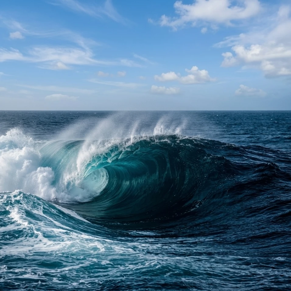 A deep blue ocean wave rising beneath an open sky.