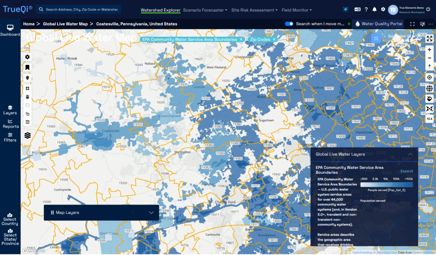 TrueQi map around Coatesville, Pennsylvania, showing EPA community water-service areas and ZIP-code boundaries.
