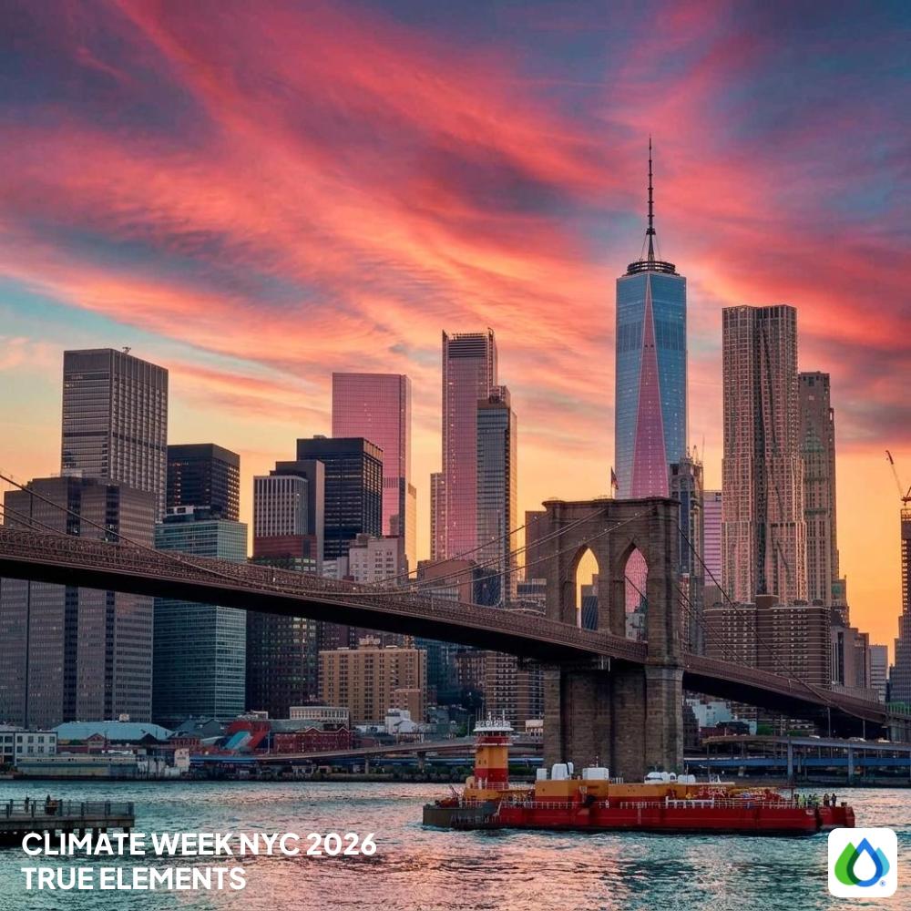 Brooklyn Bridge and Lower Manhattan skyline across the East River at sunset, viewed from Brooklyn. Text: Climate Week NYC 2026, True Elements.