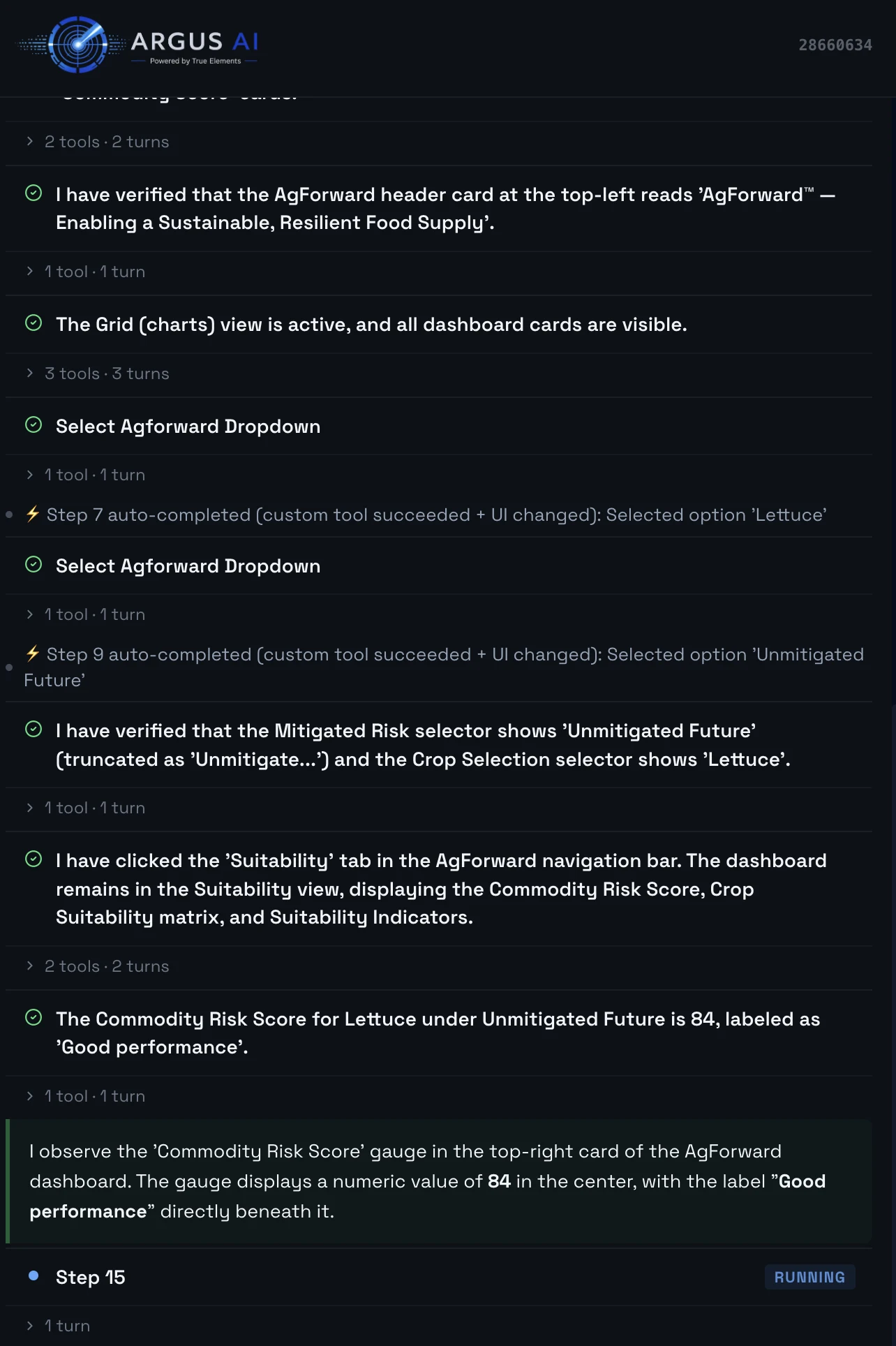 Argus investigation log showing the system navigating AgForward and verifying analytical results.