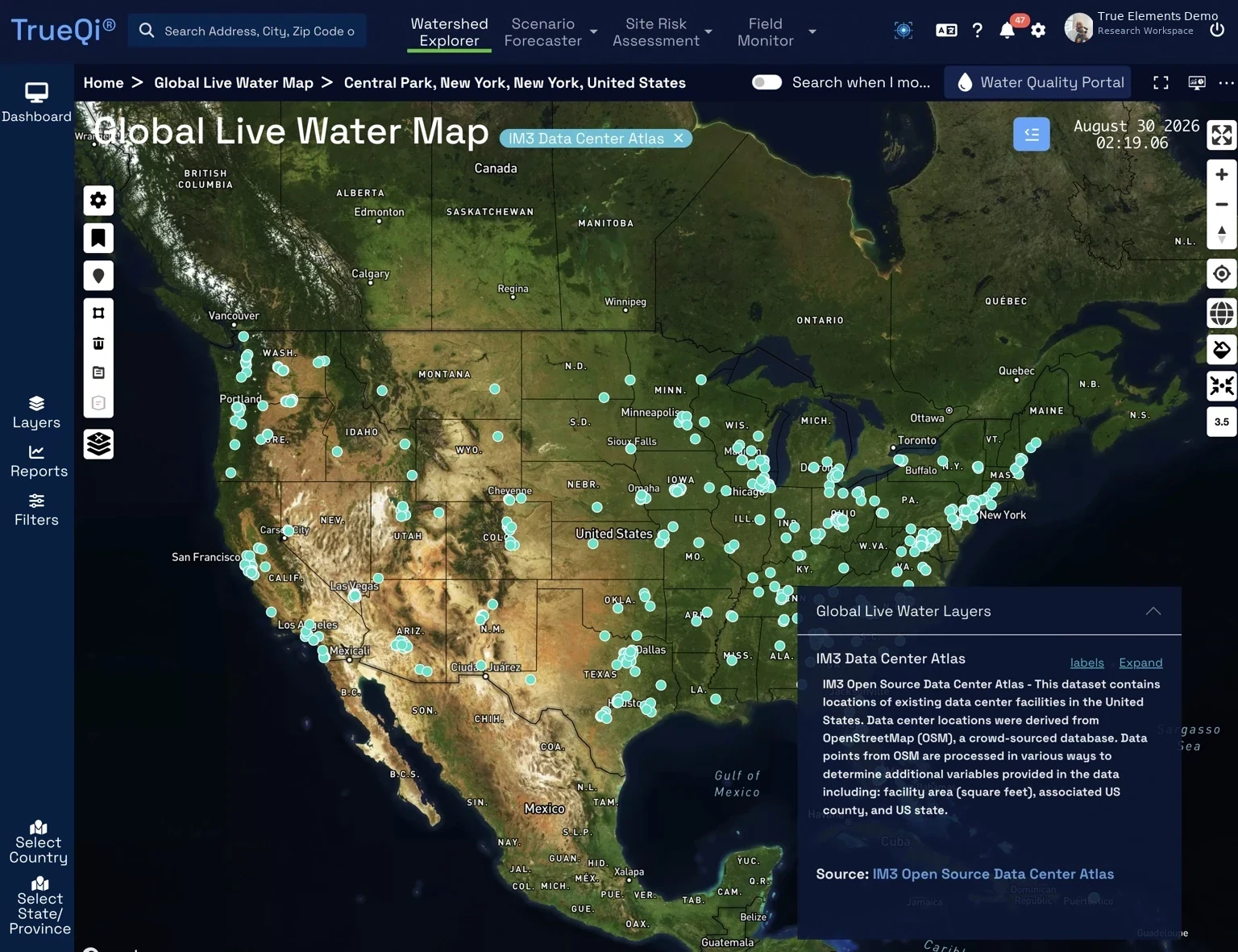 TrueQi global live water map demonstration showing connected environmental conditions across geographies.