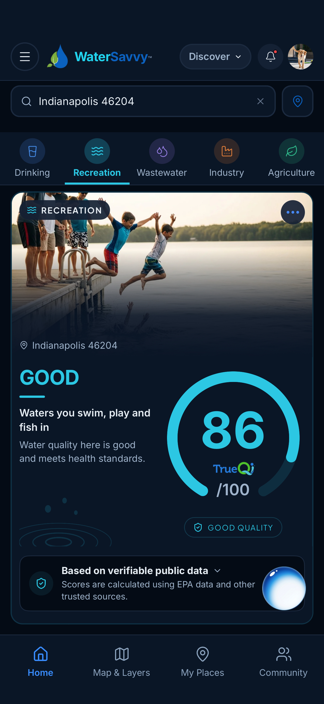 Water Savvy recreation screen showing a place-based water condition summary and supporting source context.